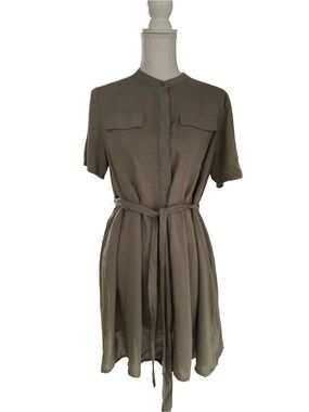 Tris Design short-sleeve, olive green/khaki utility shirt dress. Size L NWT